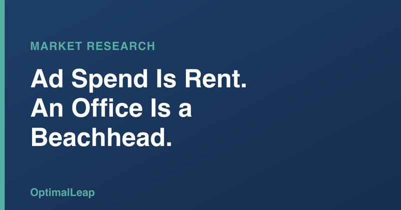 OptimalLeap Market Research card headed 'Ad Spend Is Rent. An Office Is a Beachhead.'