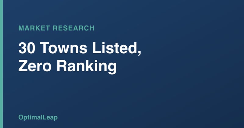 OptimalLeap Market Research card headed '30 Towns Listed, Zero Ranking'