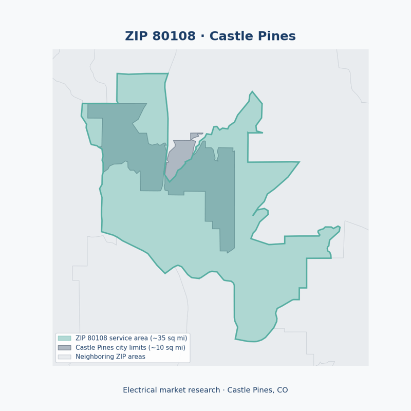 Shaded map of ZIP 80108 in Castle Pines, CO, the electrical market-research service area