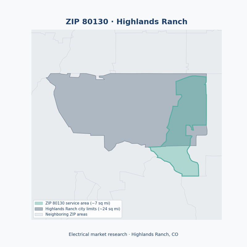 Shaded map of ZIP 80130 in Highlands Ranch, CO, the electrical market-research service area