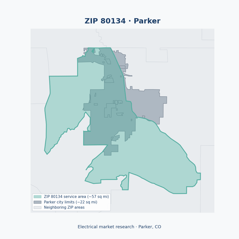 Shaded map of ZIP 80134 in Parker, CO, the electrical market-research service area
