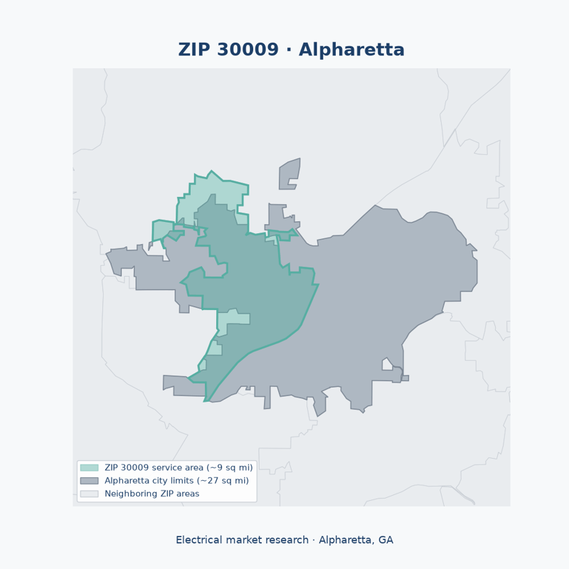 Shaded map of ZIP 30009 in Alpharetta, GA, the electrical market-research service area