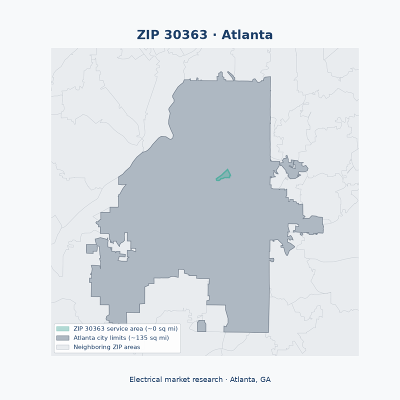 Shaded map of ZIP 30363 in Atlanta, GA, the electrical market-research service area