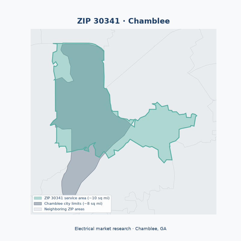 Shaded map of ZIP 30341 in Chamblee, GA, the electrical market-research service area
