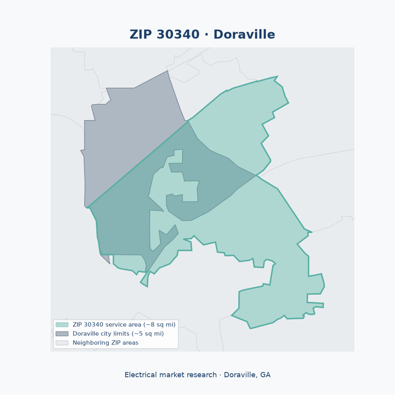 Shaded map of ZIP 30340 in Doraville, GA, the electrical market-research service area