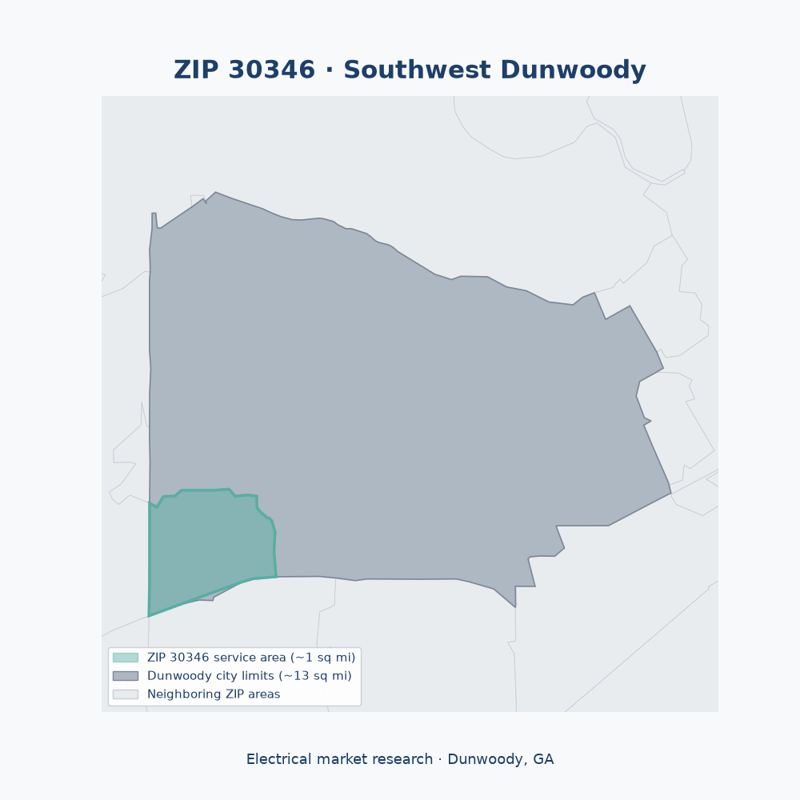 Shaded map of ZIP 30346 in Southwest Dunwoody (Dunwoody, GA), the electrical market-research service area
