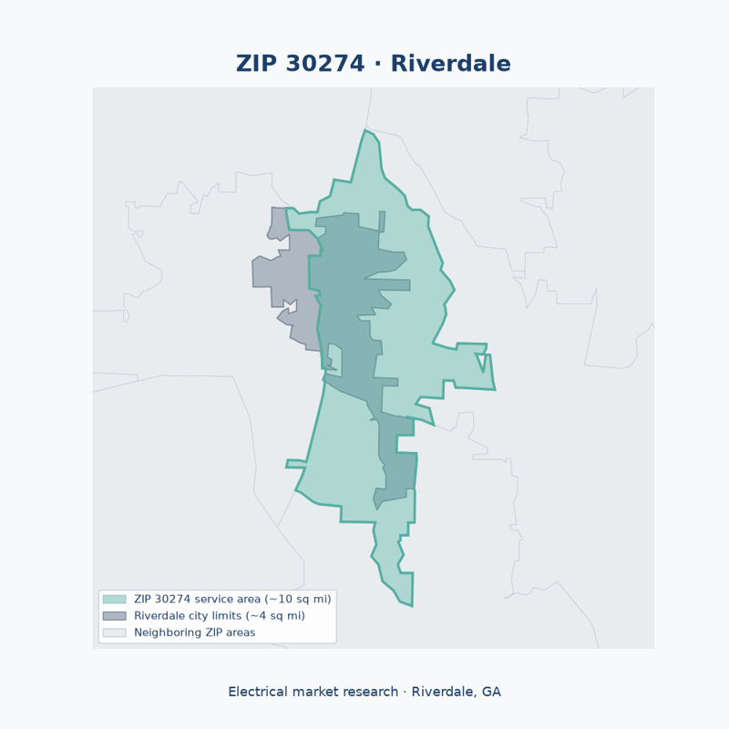 Shaded map of ZIP 30274 in Riverdale, GA, the electrical market-research service area