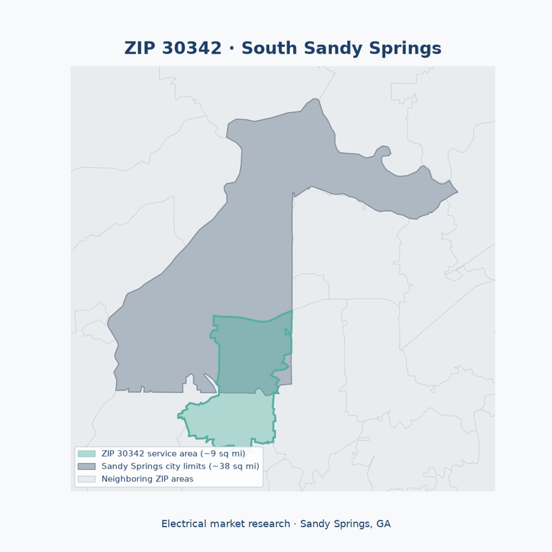 Shaded map of ZIP 30342 in South Sandy Springs (Sandy Springs, GA), the electrical market-research service area
