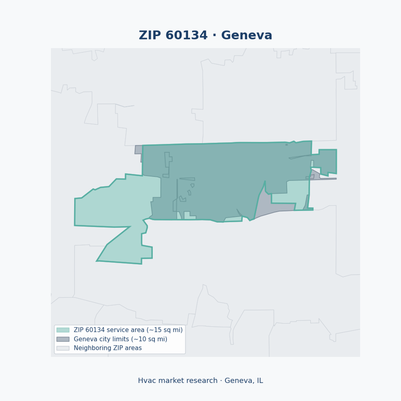 Shaded map of ZIP 60134 in Geneva, IL, the hvac market-research service area