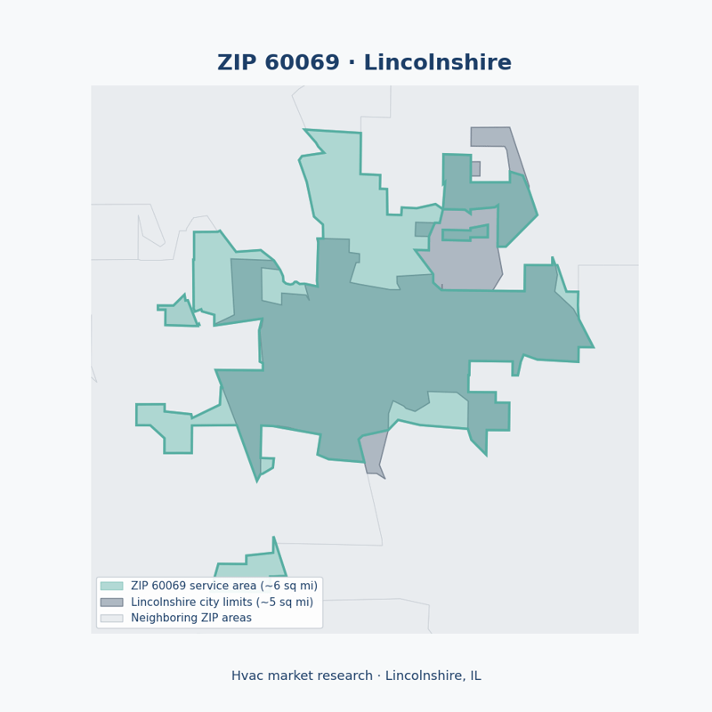 Shaded map of ZIP 60069 in Lincolnshire, IL, the hvac market-research service area