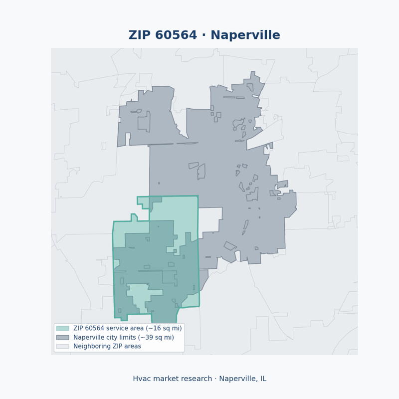 Shaded map of ZIP 60564 in Naperville, IL, the hvac market-research service area