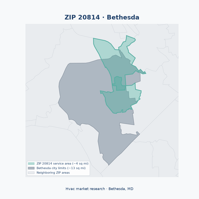 Shaded map of ZIP 20814 in Bethesda, MD, the hvac market-research service area