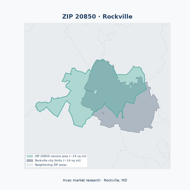 Shaded map of ZIP 20850 in Rockville, MD, the hvac market-research service area