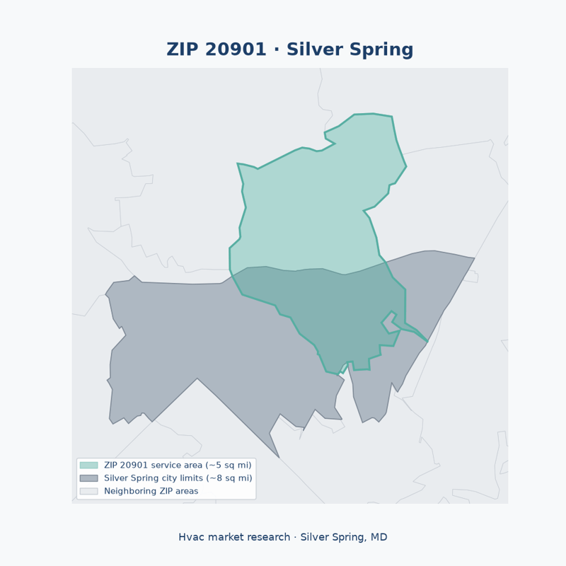 Shaded map of ZIP 20901 in Silver Spring, MD, the hvac market-research service area