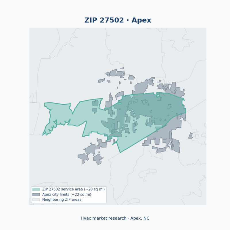 Shaded map of ZIP 27502 in Apex, NC, the hvac market-research service area