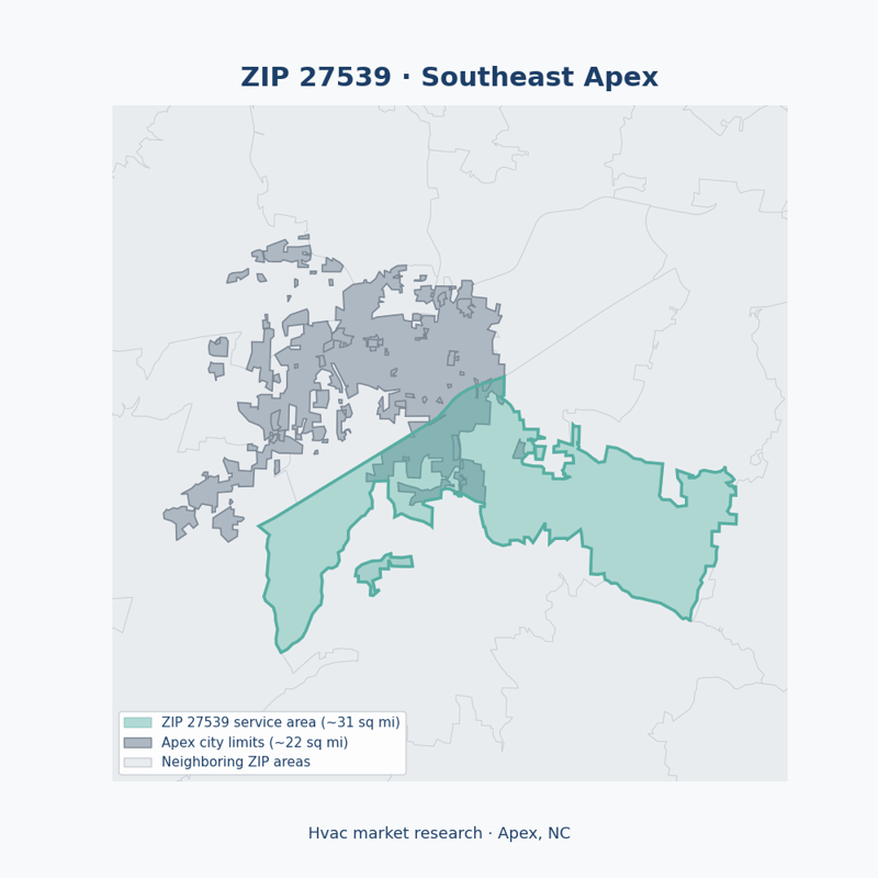 Shaded map of ZIP 27539 in Southeast Apex (Apex, NC), the hvac market-research service area