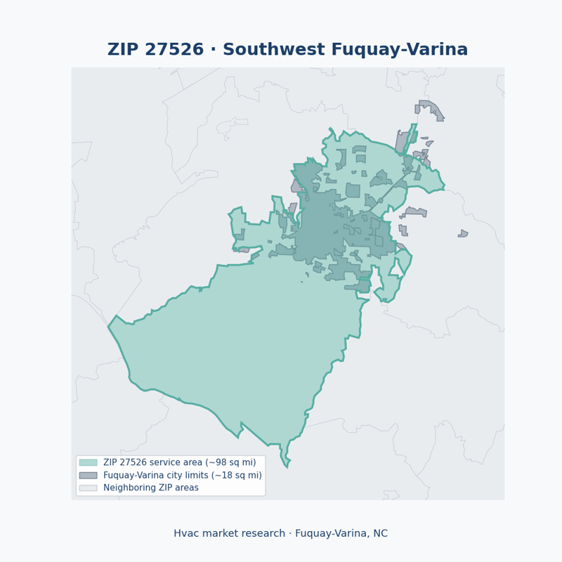 Shaded map of ZIP 27526 in Southwest Fuquay-Varina (Fuquay-Varina, NC), the hvac market-research service area