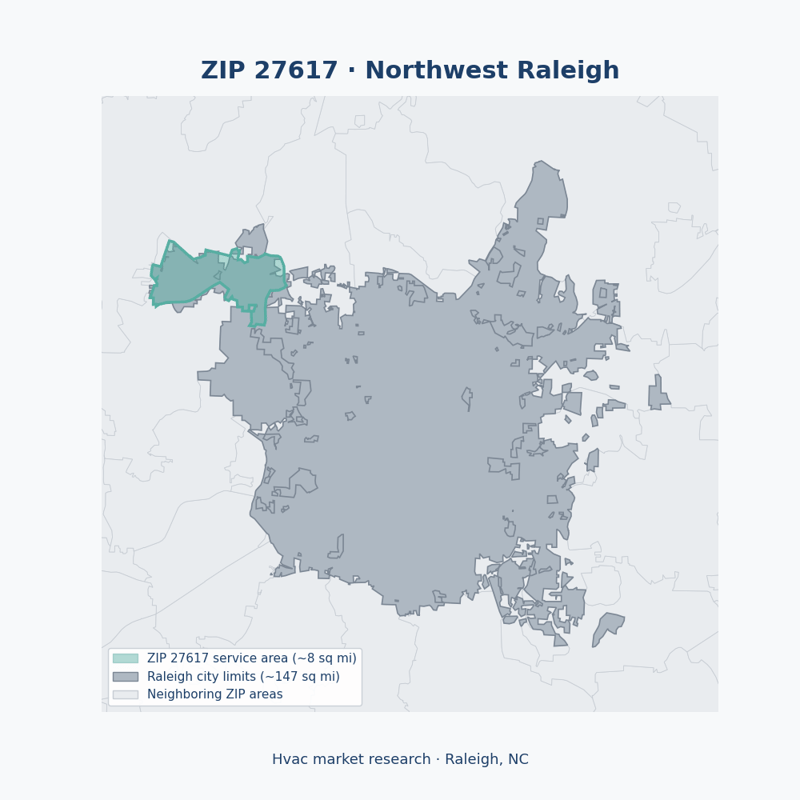 Shaded map of ZIP 27617 in Northwest Raleigh (Raleigh, NC), the hvac market-research service area