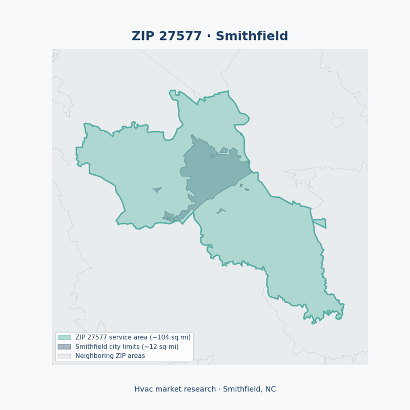 Shaded map of ZIP 27577 in Smithfield, NC, the hvac market-research service area