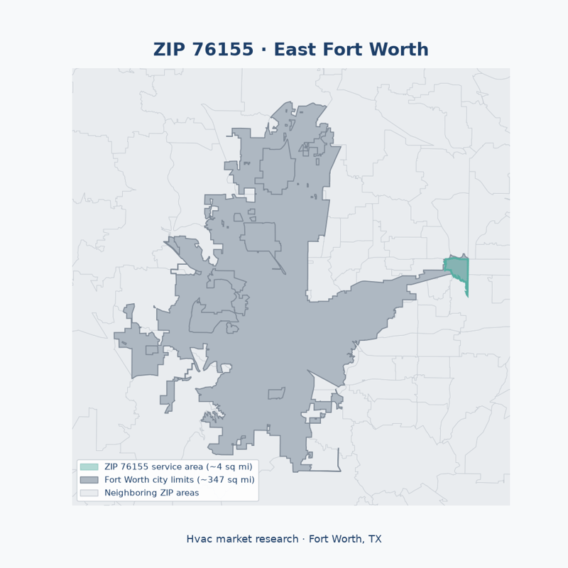 Shaded map of ZIP 76155 in East Fort Worth (Fort Worth, TX), the hvac market-research service area