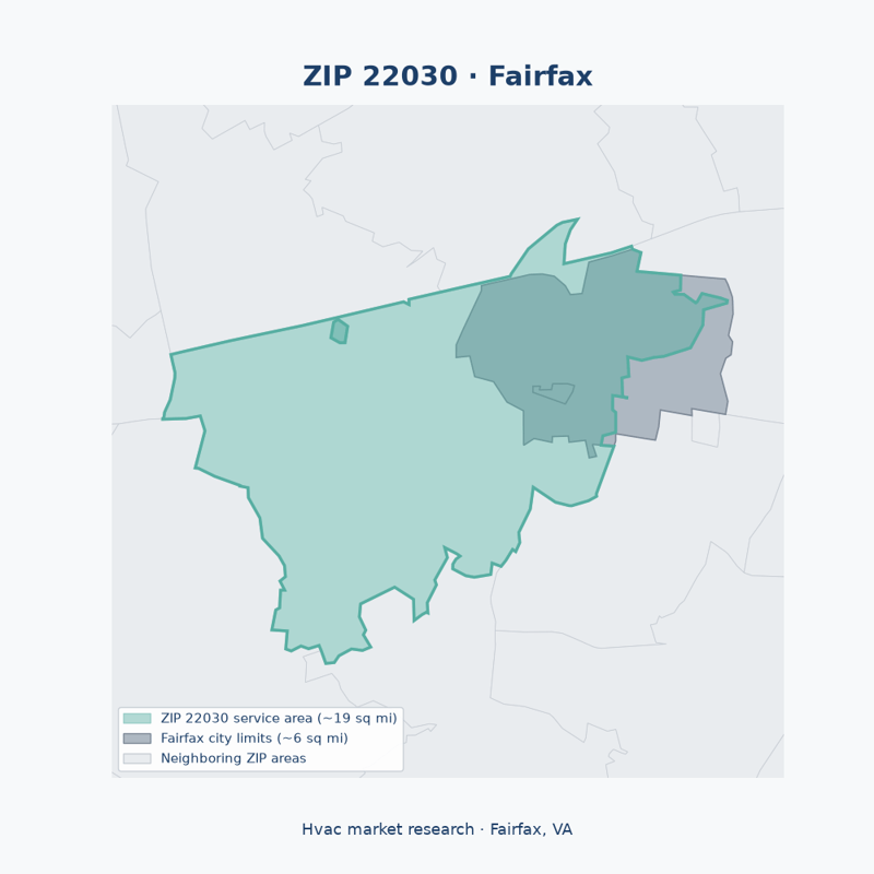 Shaded map of ZIP 22030 in Fairfax, VA, the hvac market-research service area