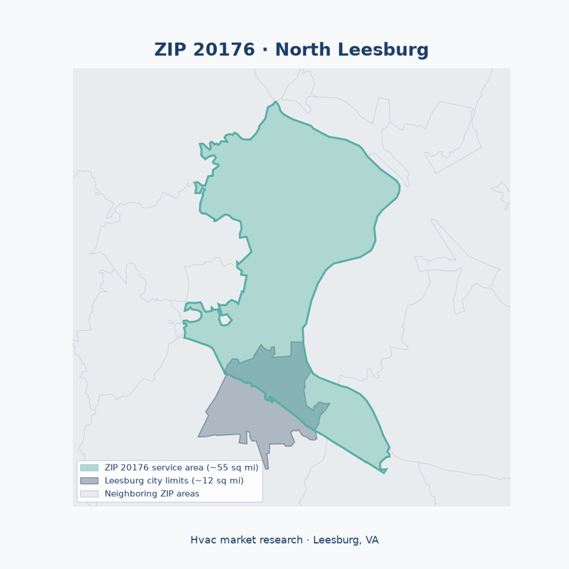Shaded map of ZIP 20176 in North Leesburg (Leesburg, VA), the hvac market-research service area