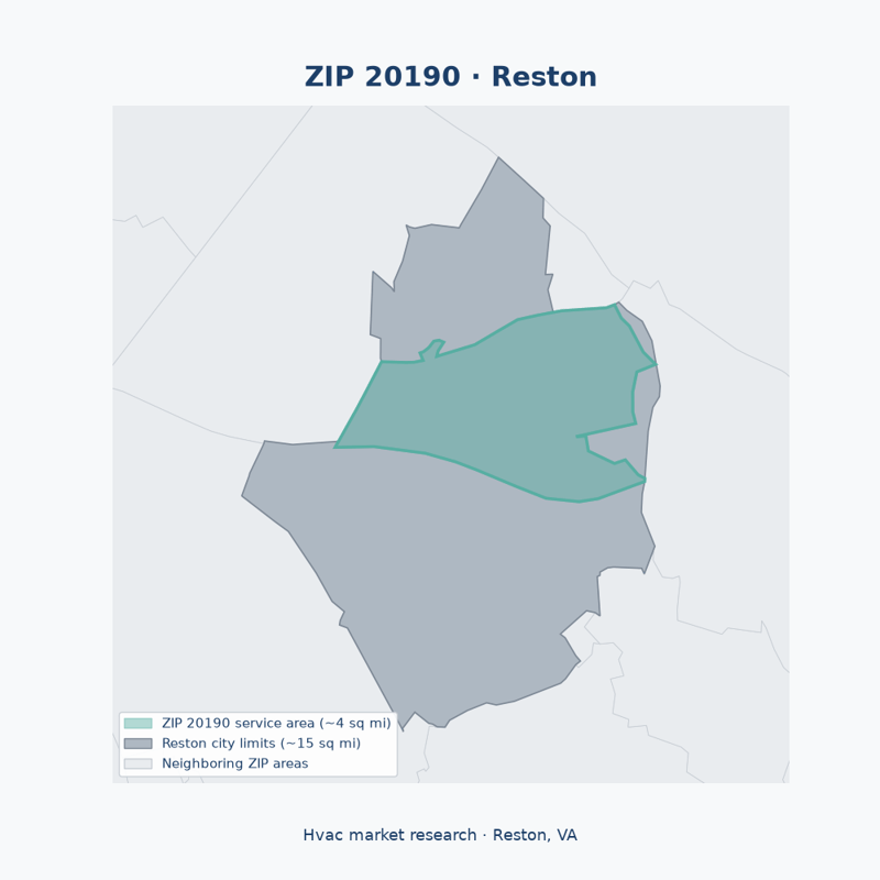 Shaded map of ZIP 20190 in Reston, VA, the hvac market-research service area