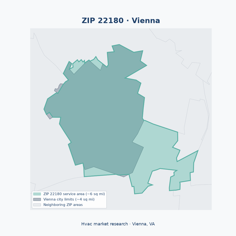 Shaded map of ZIP 22180 in Vienna, VA, the hvac market-research service area