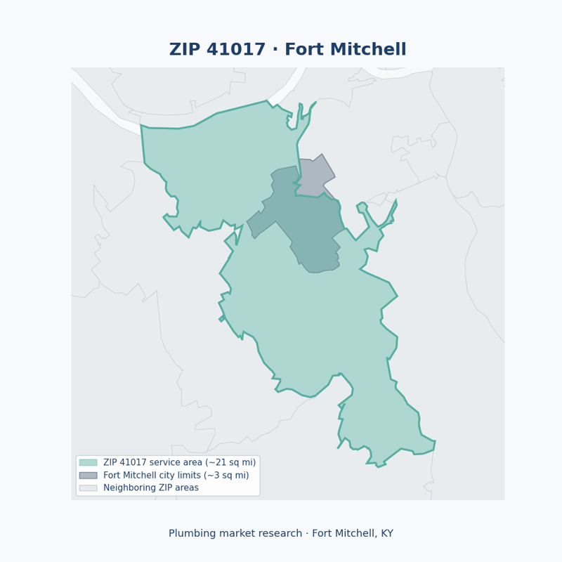 Shaded map of ZIP 41017 in Fort Mitchell, KY, the plumbing market-research service area