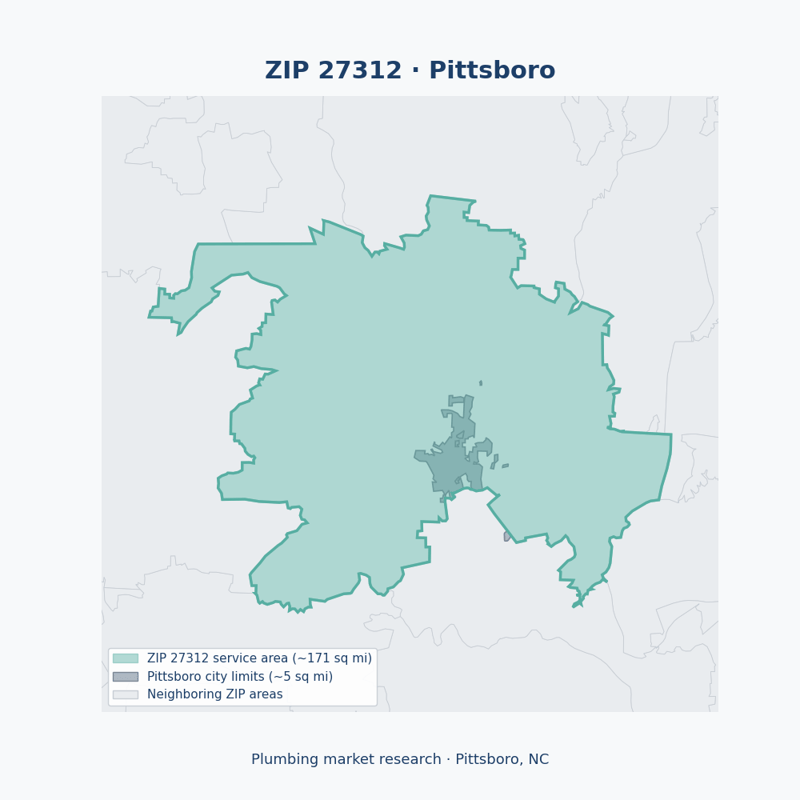 Shaded map of ZIP 27312 in Pittsboro, NC, the plumbing market-research service area