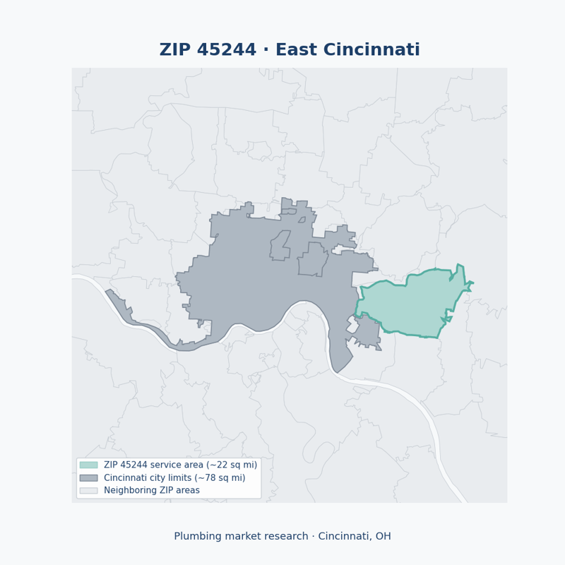 Shaded map of ZIP 45244 in East Cincinnati (Cincinnati, OH), the plumbing market-research service area