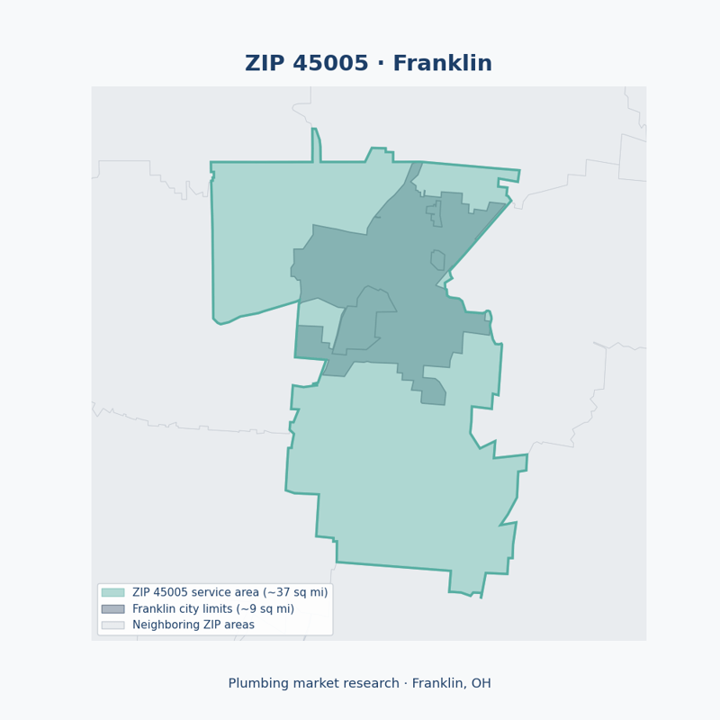 Shaded map of ZIP 45005 in Franklin, OH, the plumbing market-research service area