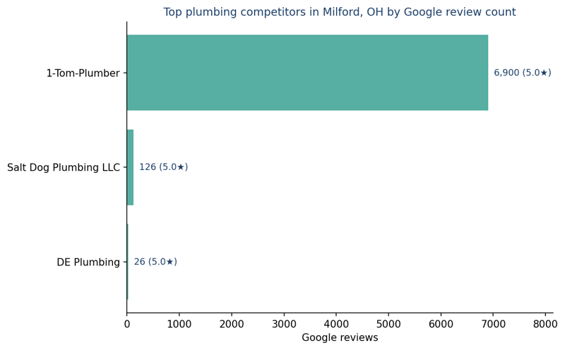 Bar chart of leading plumbing competitors in Milford, OH ranked by Google review count