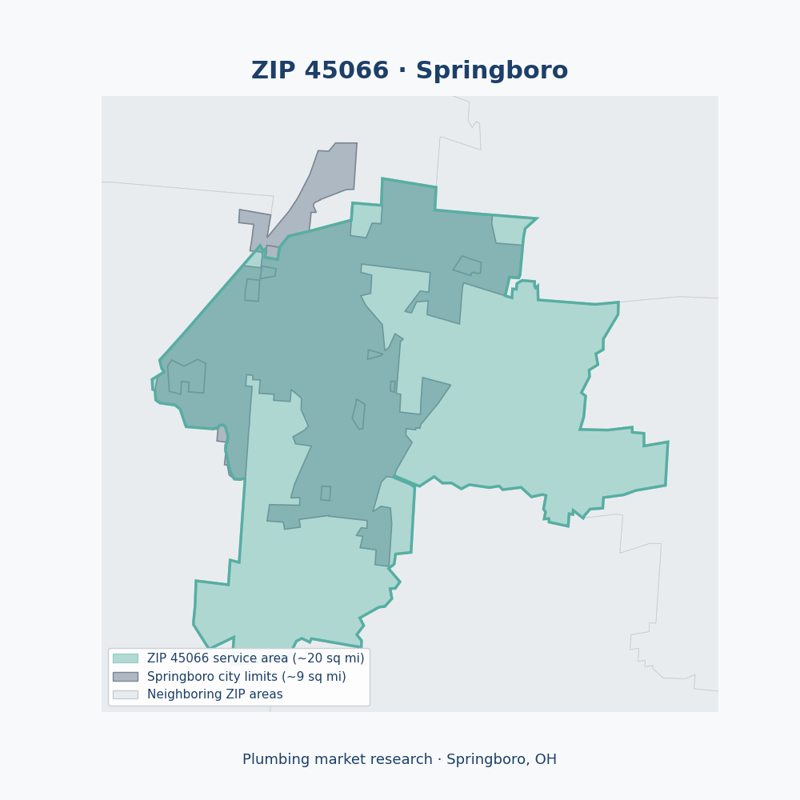 Shaded map of ZIP 45066 in Springboro, OH, the plumbing market-research service area