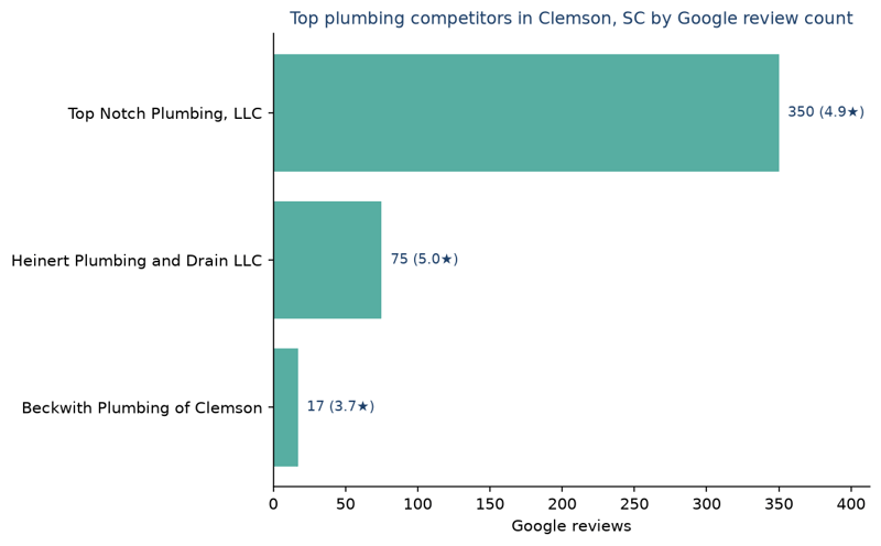Bar chart of leading plumbing competitors in Clemson, SC ranked by Google review count