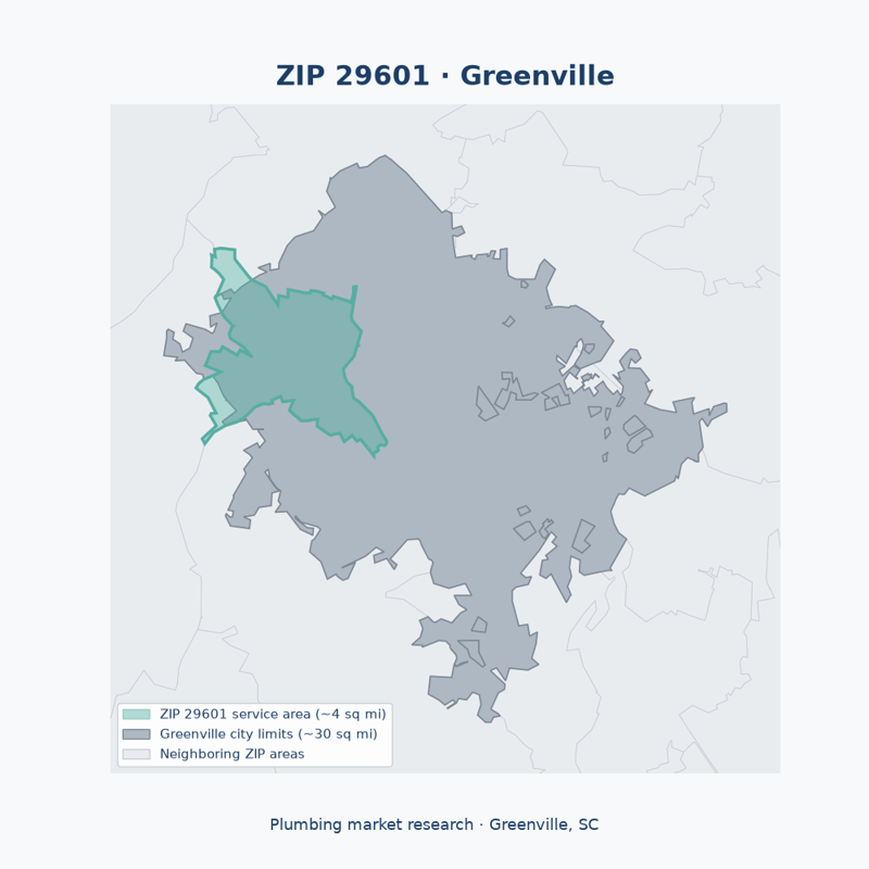 Shaded map of ZIP 29601 in Greenville, SC, the plumbing market-research service area