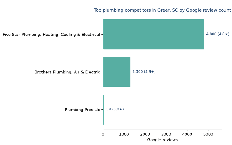 Bar chart of leading plumbing competitors in Greer, SC ranked by Google review count