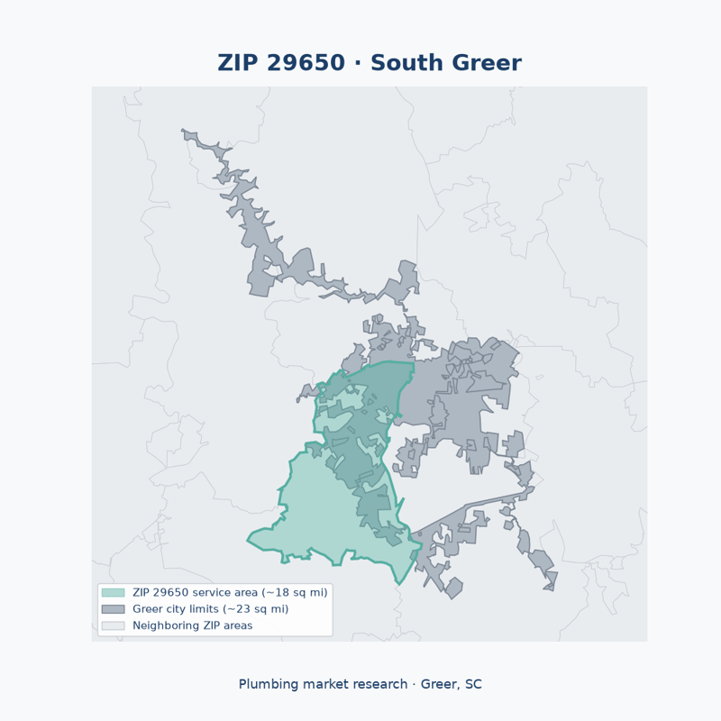 Shaded map of ZIP 29650 in South Greer (Greer, SC), the plumbing market-research service area