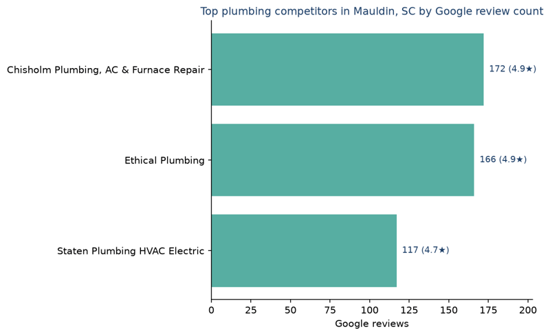 Bar chart of leading plumbing competitors in Mauldin, SC ranked by Google review count