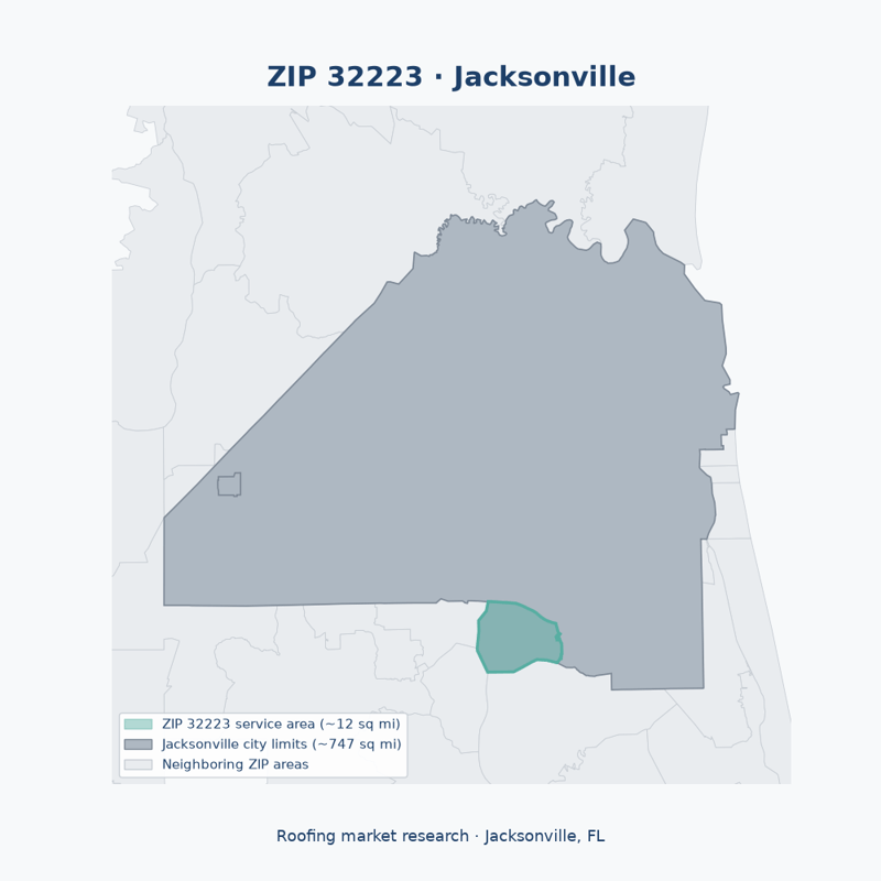 Shaded map of ZIP 32223 in Jacksonville, FL, the roofing market-research service area