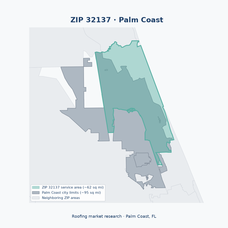 Shaded map of ZIP 32137 in Palm Coast, FL, the roofing market-research service area