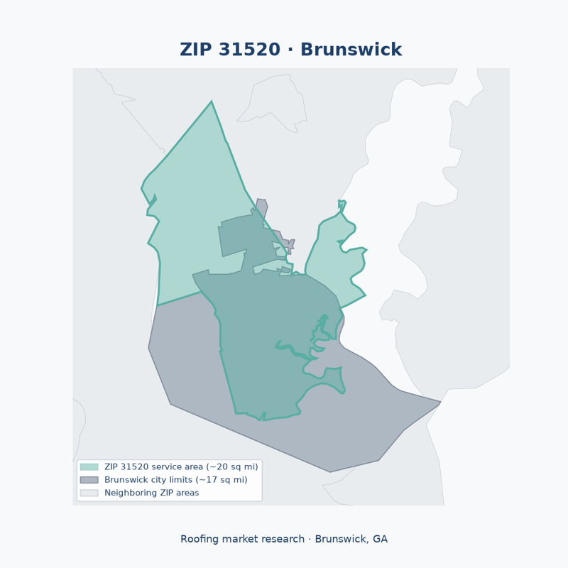 Shaded map of ZIP 31520 in Brunswick, GA, the roofing market-research service area